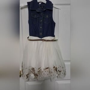 Zunie 10 Girl's Blue White Denim Tulle Pockets Slvless Belt Gold Unicorn Dress